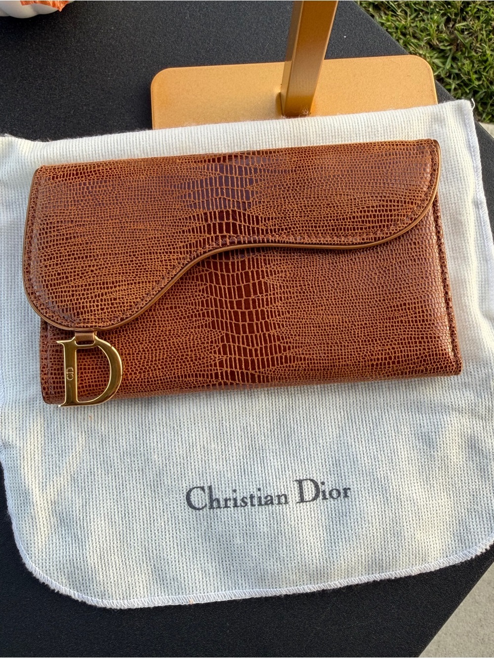 Dior Tan Leather Bi-Fold Wallet with Lizard-Trim